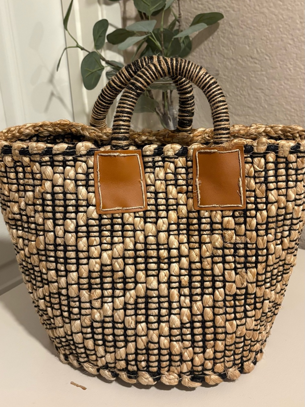 Woven Straw Tote Bag with Tan Leather Accents